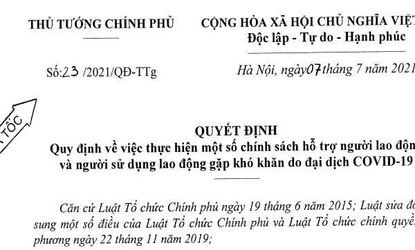 QUYẾT ĐỊNH 23_GIẢI QUYẾT CHÍNH SÁCH HỖ TRỢ COVID CHO NGƯỜI LAO ĐỘNG