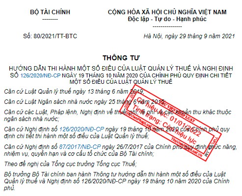 THÔNG TƯ 80/2021/TT-BTC_HƯỚNG DẪN LUẬT QUẢN LÝ THUẾ
