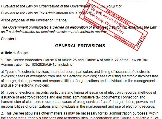 Decree No. 254/2026/ND-CP Providing Guidance on the Law on Tax Administration Regarding Electronic Invoices and Electronic Documents